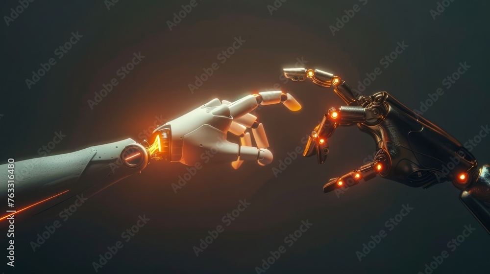 Dramatic image of two robot hands about to touch, one white, one black, with glowing orange cores and a dark background.. Dramatic image of two robot hands about to touch, one white, one black, with glowing orange cores and a dark background..