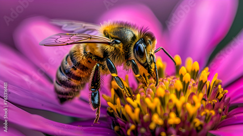 A macro shot of a bee collecting pollen from a vibrant purple flower, with pollen grains visible on its fuzzy body