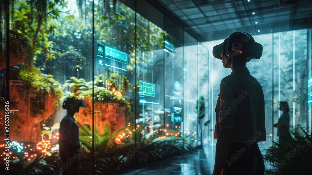 A person in VR headset engages with digital interfaces amidst a lush indoor urban rainforest setting..