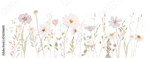 Watercolor Wildflowers border - illustration with delicate flowers, for wedding stationary, greetings, wallpapers, fashion, backgrounds, textures, DIY, wrappers, cards. #763316600