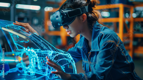 A female engineer wears virtual reality headset while interacting with a holographic car projection in a high-tech lab..