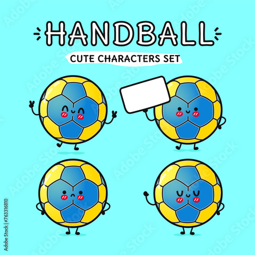 Happy Handball characters bundle set. Vector hand drawn doodle style cartoon character illustration icon design. Isolated on blue background. Handball ball mascot character collection