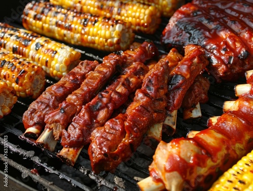 Delicious assortment of grilled meat with grilled vegetables for barbecue. National Barbecue Month. On white wooden old background.
