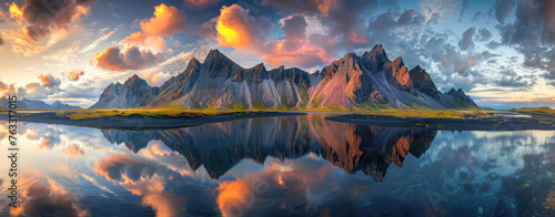 panoramic photography of Vestrahorn mountain in Iceland, reflecting on the water at sunset, with beautiful clouds and sky