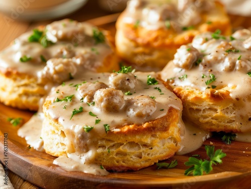 Biscuits and creamy sausage gravy on a wooden plate