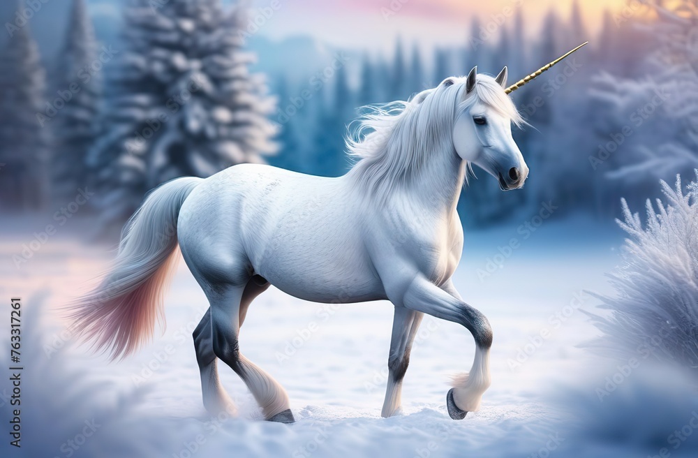 beautiful unicorn on a winter background 