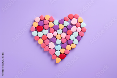 Colorful heart shaped candy on a pastel purple background. Valentine's Day concept