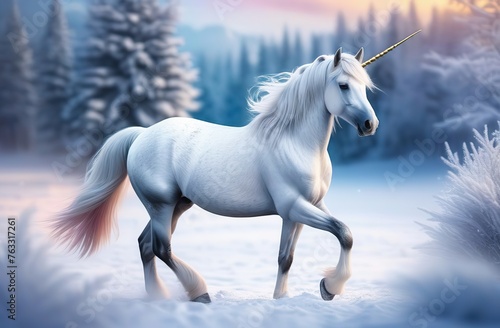 beautiful unicorn on a winter background 