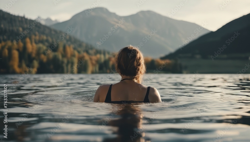 A woman swims in a lake with a mountain in the background A woman swims in a lake with a mountain in the background