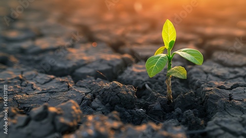 Little plant in dried cracked mud in village