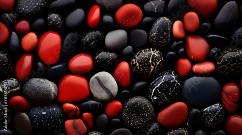 Top view, a banner made of red and black stones with patterns, which fascinates with its naturalness and aesthetics.