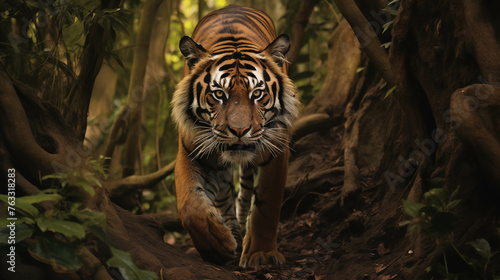 Close-up of a large tiger emerging from the middle of the forest.