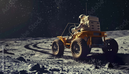 astronaut driving a lunar rover vehicle on the moon by AI generated image