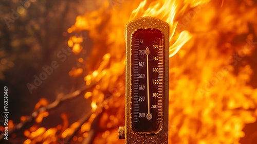 Heatwave With Warm Thermometer And Fire - Global Warming And Extreme Climate - Environment Disaster