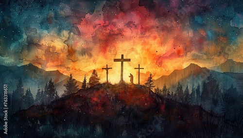 crucifixion of jesus in watercolor illustration