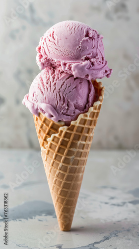 Two scoops of strawberry ice cream in a cone. Generative AI.
