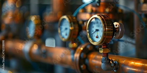 Industrial Heating Unit Setup: Closeup of Pressure Gauges and Pipes. Concept Industrial Heating Unit, Pressure Gauges, Pipes, Closeup Shot