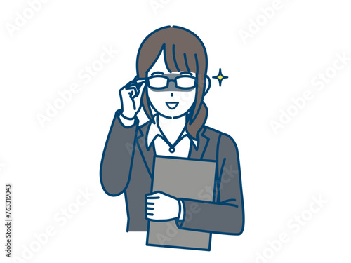 眼鏡をあげる女性会社員のイラスト