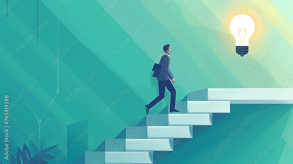 persistent path to success, climbing the stairs to get the light bulb represents the idea of strategy