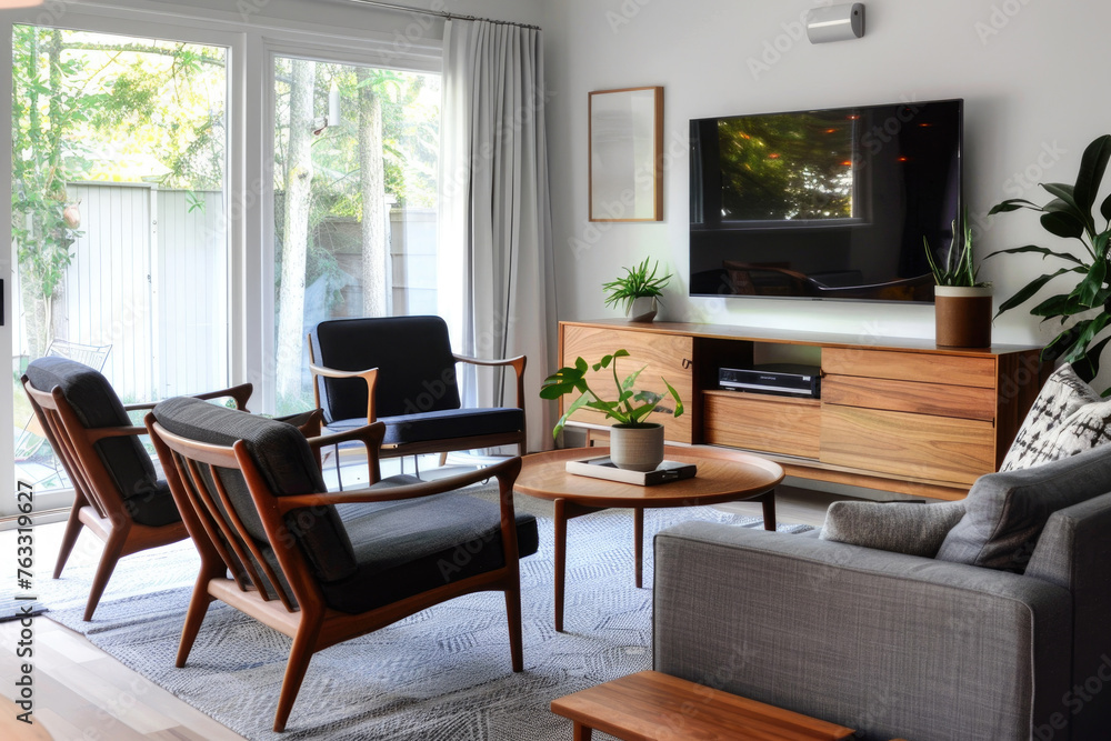 Fototapeta premium Scandinavian interior design of modern home living room Comfortable sofas and wooden cabinets cling to beige stucco walls. by AI generated image