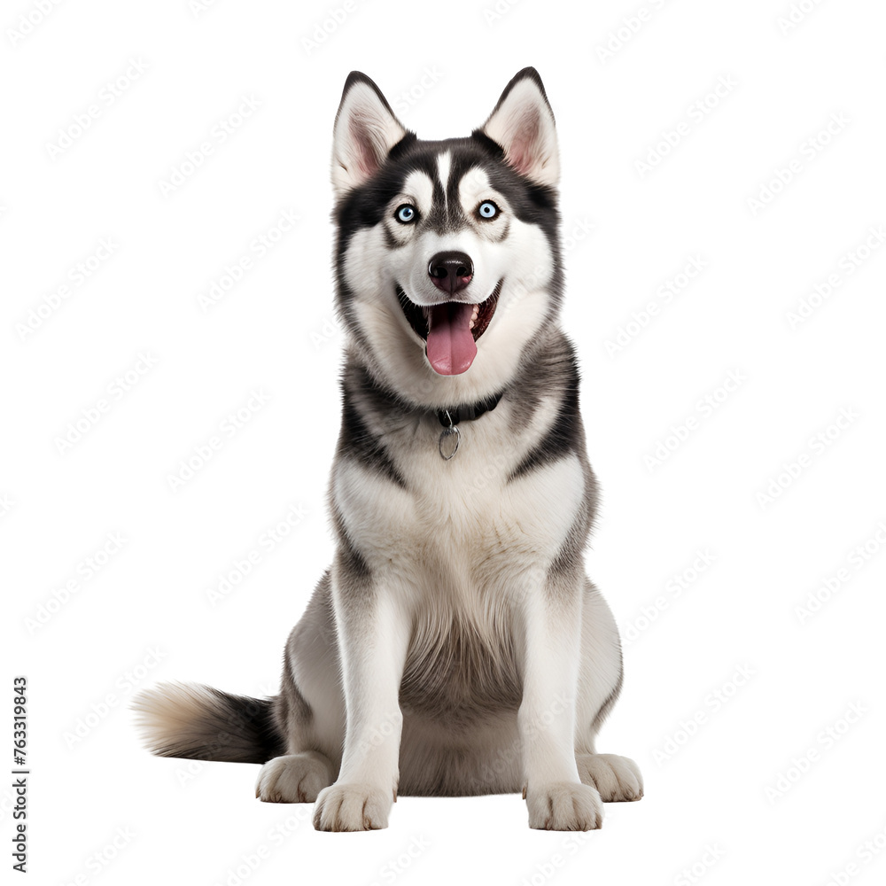 Full body image of a happy Siberian Husky dog sitting, Isolated on Transparent Background, PNG
