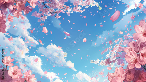 Cherry blossom petals with a blue sky background