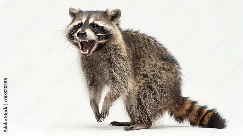 A whimsical happy raccoon laughing, full body on a white background. Close up of a raccoon facing a white background. Generated by artificial intelligence. A whimsical happy raccoon laughing, full body on a white background. Close up of a raccoon facing a white background. Generated by artificial intelligence.
