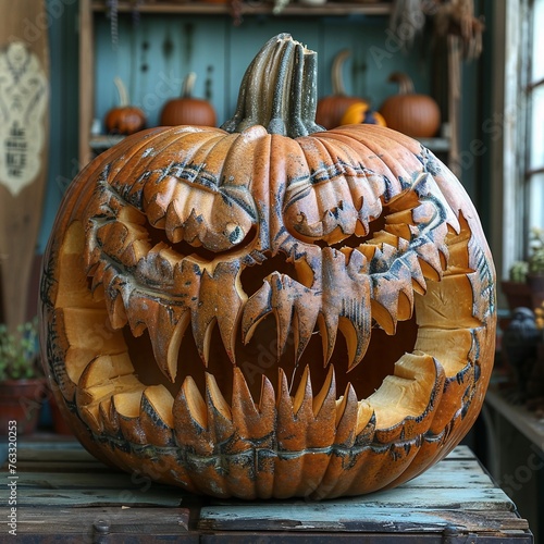 Face for pumpkin carving, spooky and festive Halloween decor photo