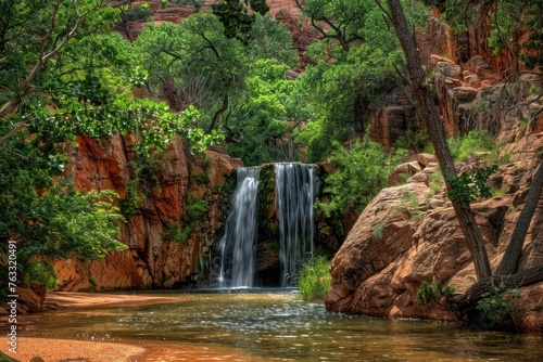 A photo of a red rock cliff wall with green trees and waterfalls in a pool in the middle of the picture Generative AI