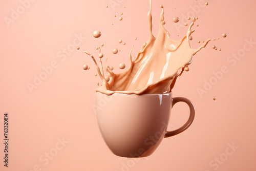 Splash of hot chocolate in a white mug isolated on pastel background