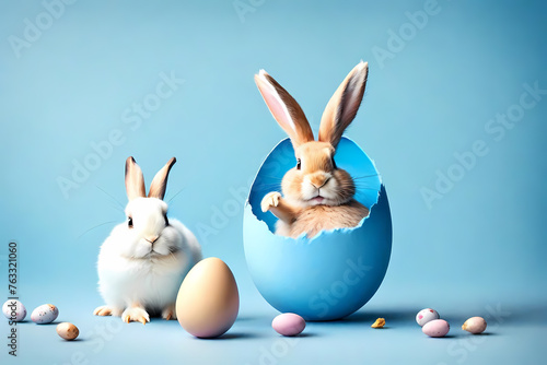 Cute Easter bunny inside blue Easter egg on pastel blue background