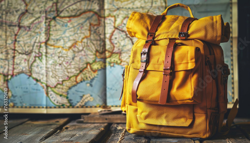 Yellow hipster backpack and map. travel concept by AI generated image