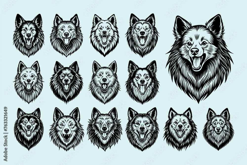 Front view barking american eskimo dog face design template set Front view barking american eskimo dog face design template set