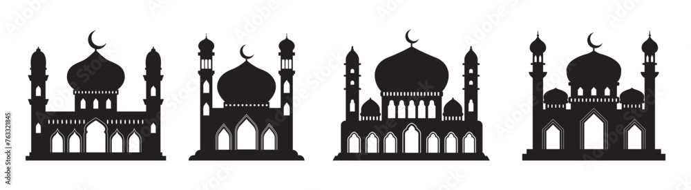 Vector islamic mosque black silhouettes set. Ramadan muslim icon collection isolated on white. Arabian mosque buildings shapes with minarets. Eid Al-Fitr illustration.