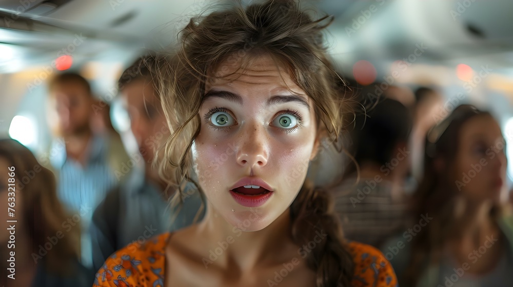 Passengers in an airplane aisle looking shocked at a young woman. Concept Travel, Shock, Airplane, Surprised Expressions, Young Woman