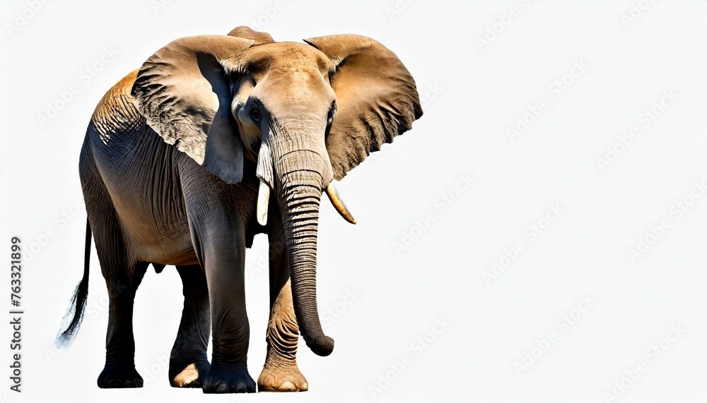 Large African Elephant - Loxodonta Africana - walking isolated on white background with copy space - obrazy, fototapety, plakaty 