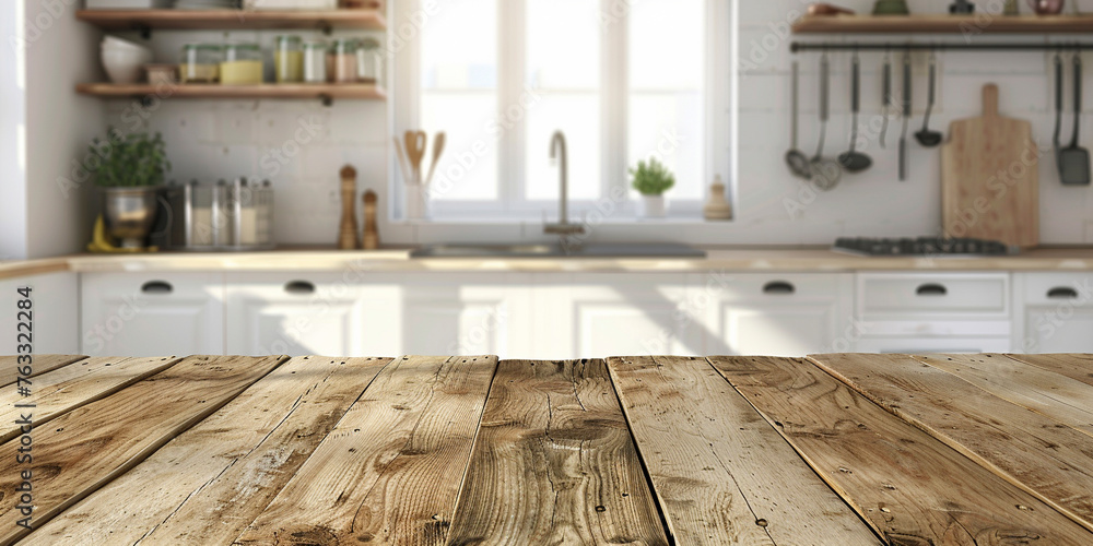 A wide table in a kitchen - mockup stage design for products