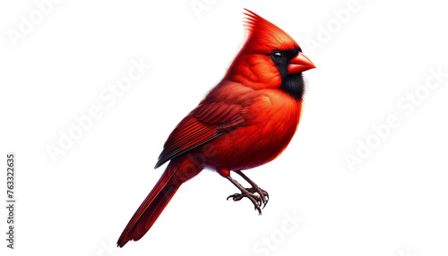 A striking Cardinal, with bright red feathers and an upright crest, perches attentively, its black mask accentuating its focused gaze. Isolated