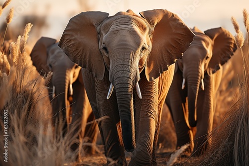 A herd of elephants walking across a dry grass field at sunset with the sun in the background and a few trees in the foreground © anwel