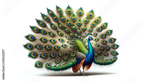 A majestic peacock shows off its resplendent tail feathers, full of iridescent colors and eye-catching 'eyes' that captivate and stun. Isolated photo
