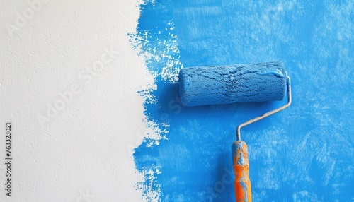 roller paints with blue paint on a white wall. by AI generated image