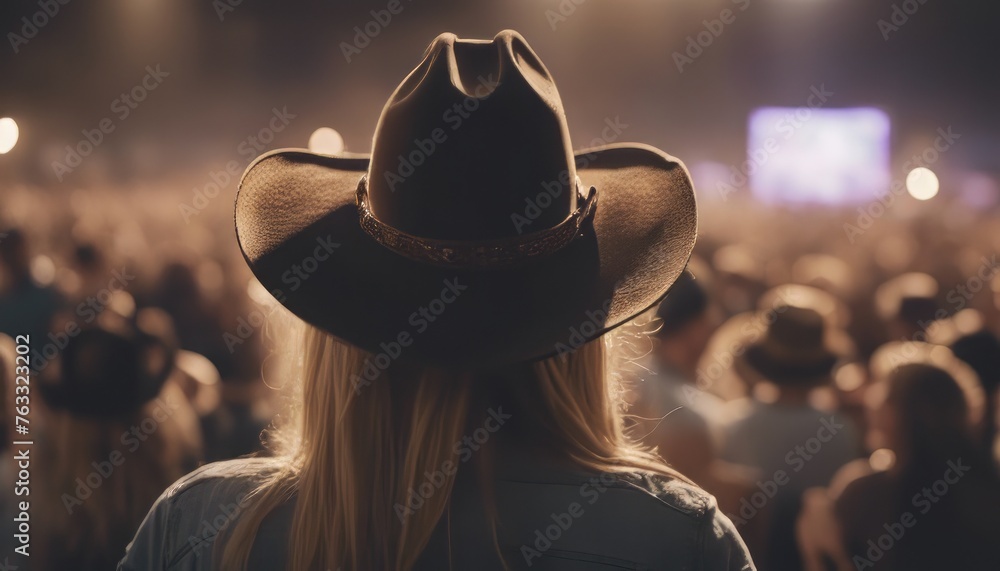 Back view of a young american woman fan of country music attending a country music concert Back view of a young american woman fan of country music attending a country music concert