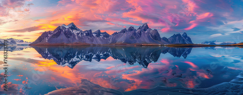 Stokksnes, vestrahorn mountains reflecting in the water, colorful sky, panorama