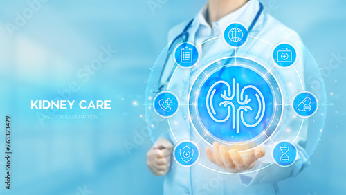 Kidney care. Kidneys icon. Treatment of kidneys diseases. Urology, nephrology clinic medical banner. Doctor holding in hand Kidney icon and medicine icons network connection. Vector illustration.