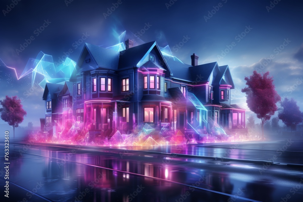 Fototapeta premium Modern house with digital holographic artificial intelligence smart technology