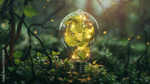 tungsten light bulb lit on black background. Eco friendly lightbulb from fresh leaves top vie, concept of Renewable Energy and Sustainable Living, created with Generative AI technology 