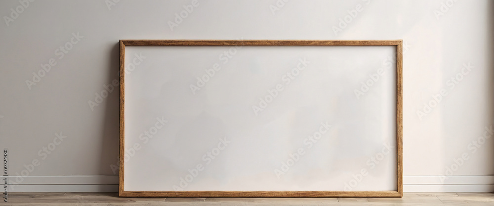 Fototapeta premium Vertical wooden frame mock up, Wooden frame poster on wooden floor with white wall