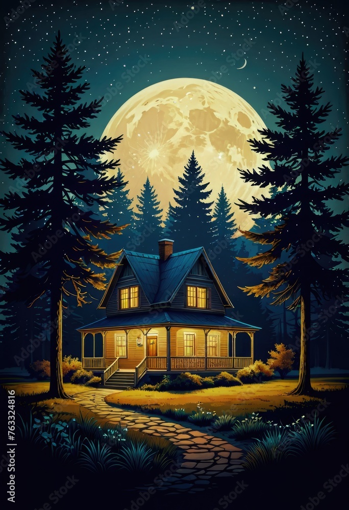 Fototapeta premium night scene with house and trees