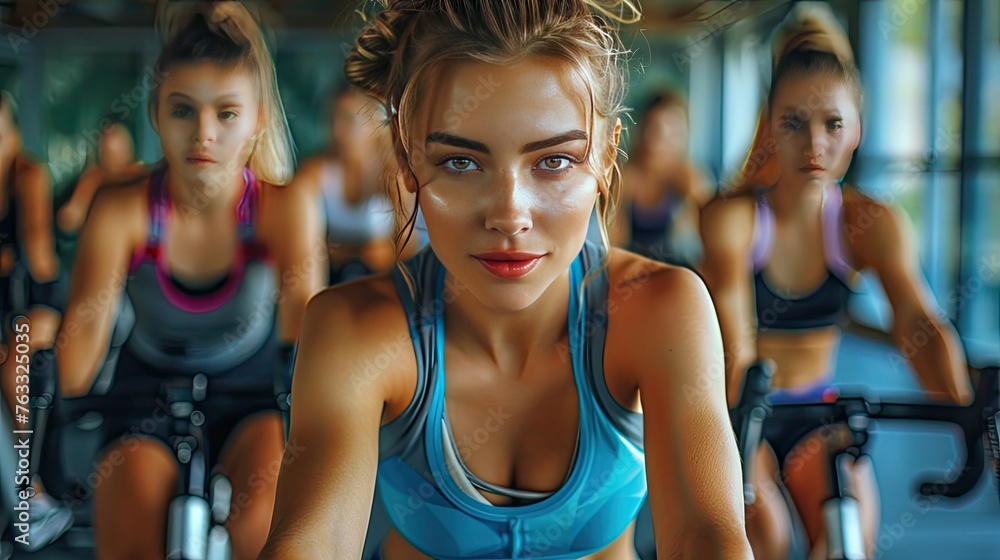 A group of girls working out on a gym in the gym.
