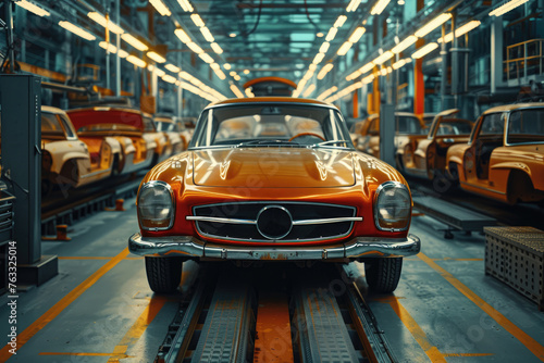 An orange retro-style auto comes off the assembly line.